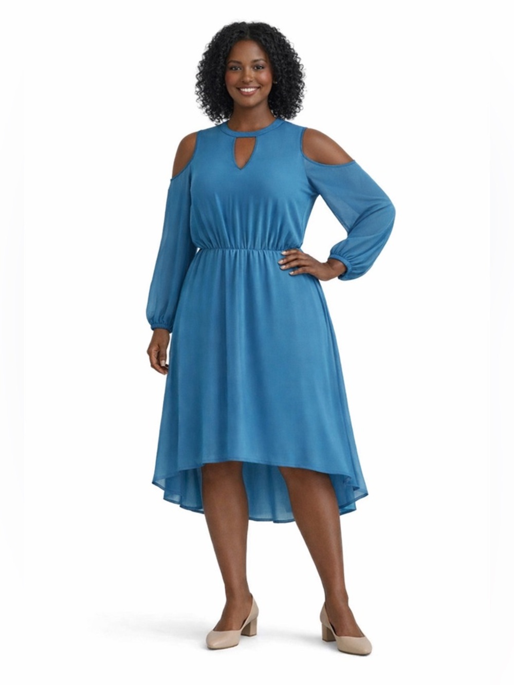 Chiffon MIDNIGHT VELVET CATALOG Peacock Blue Office Casual Floaty High Low Dress
